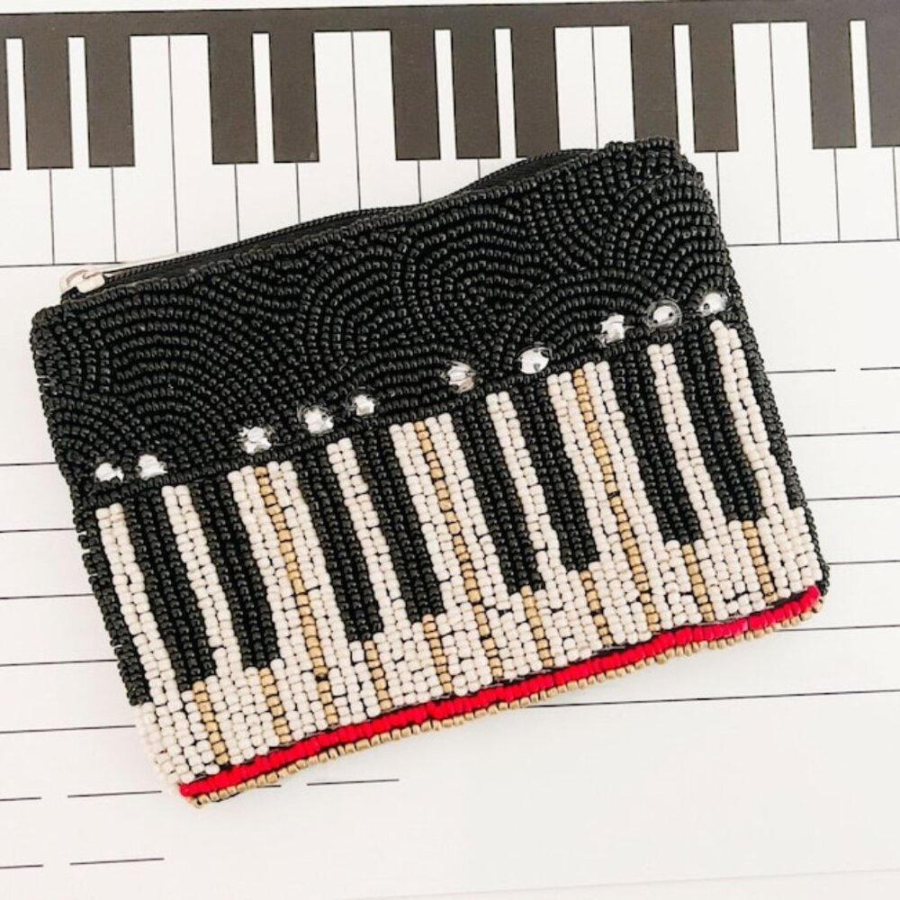 Piano Player Keyboard Black Seed Beaded Music Lovers Coin Pouch Purse Bag NEW